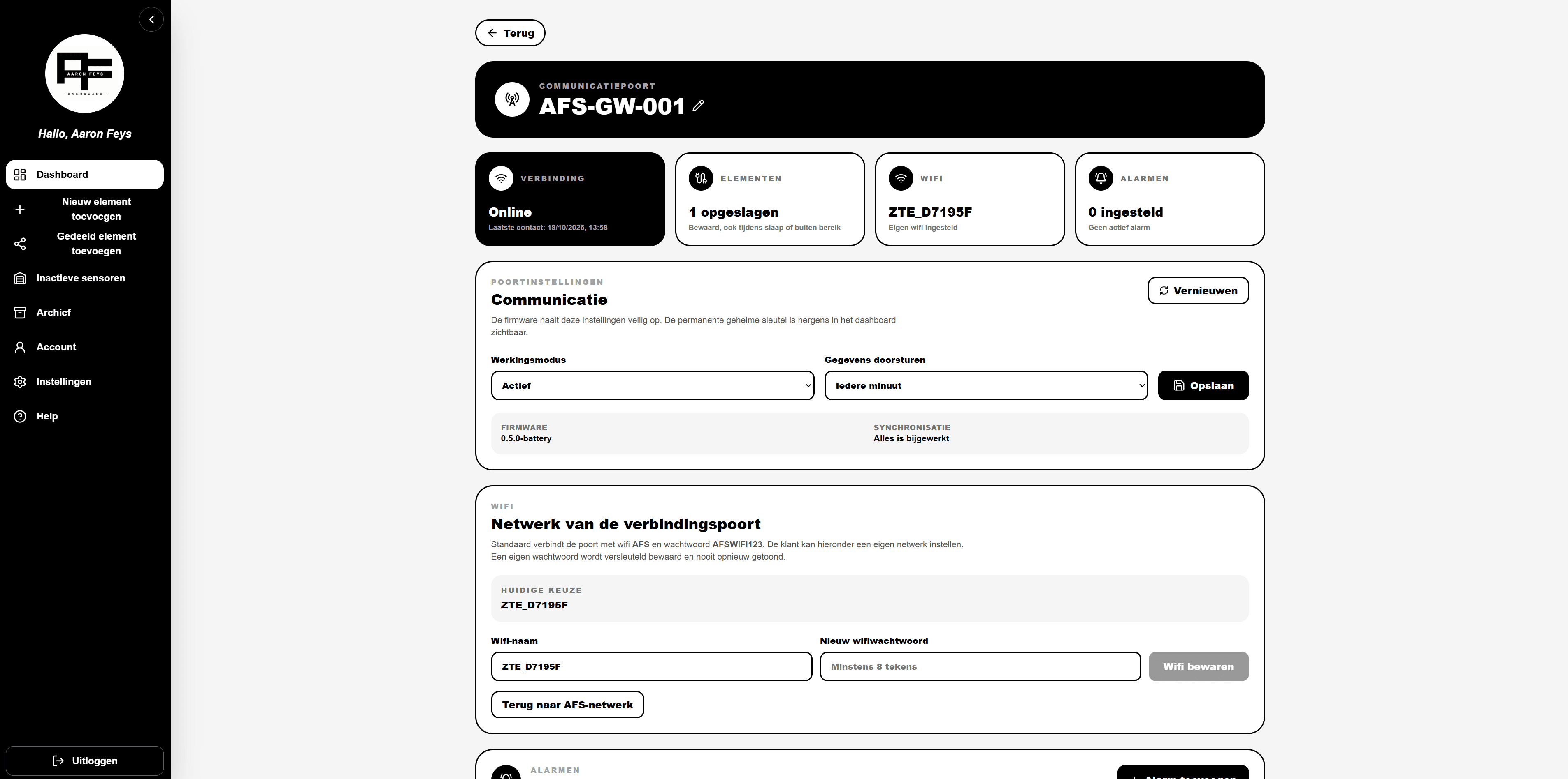 Instellingen van verbindingspoort AFS-GW-001 in het AFS Dashboard