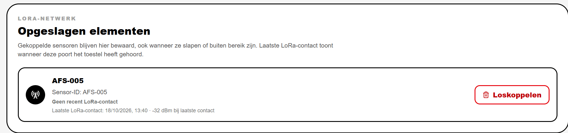 Overzicht van opgeslagen LoRa-elementen bij de verbindingspoort